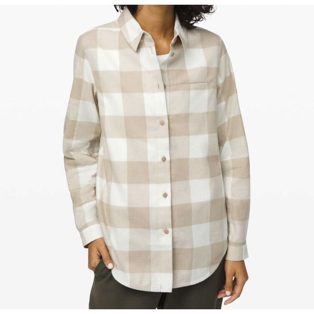 Lululemon‎ Full Day Ahead Plaid Shirt 4 Mojave Tan Nimbus Flannel Soft #WX5-5